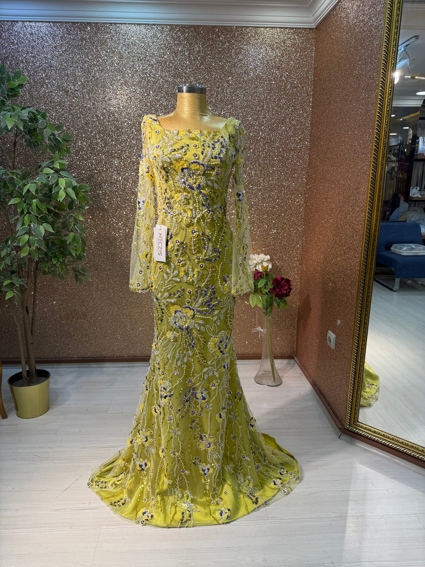 Apple Green Beaded Evening Gown with Removable Train