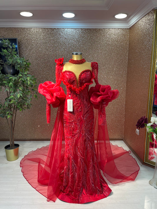 Red Mermaid Gown with sleeve Detail – Bold Elegance Redefined