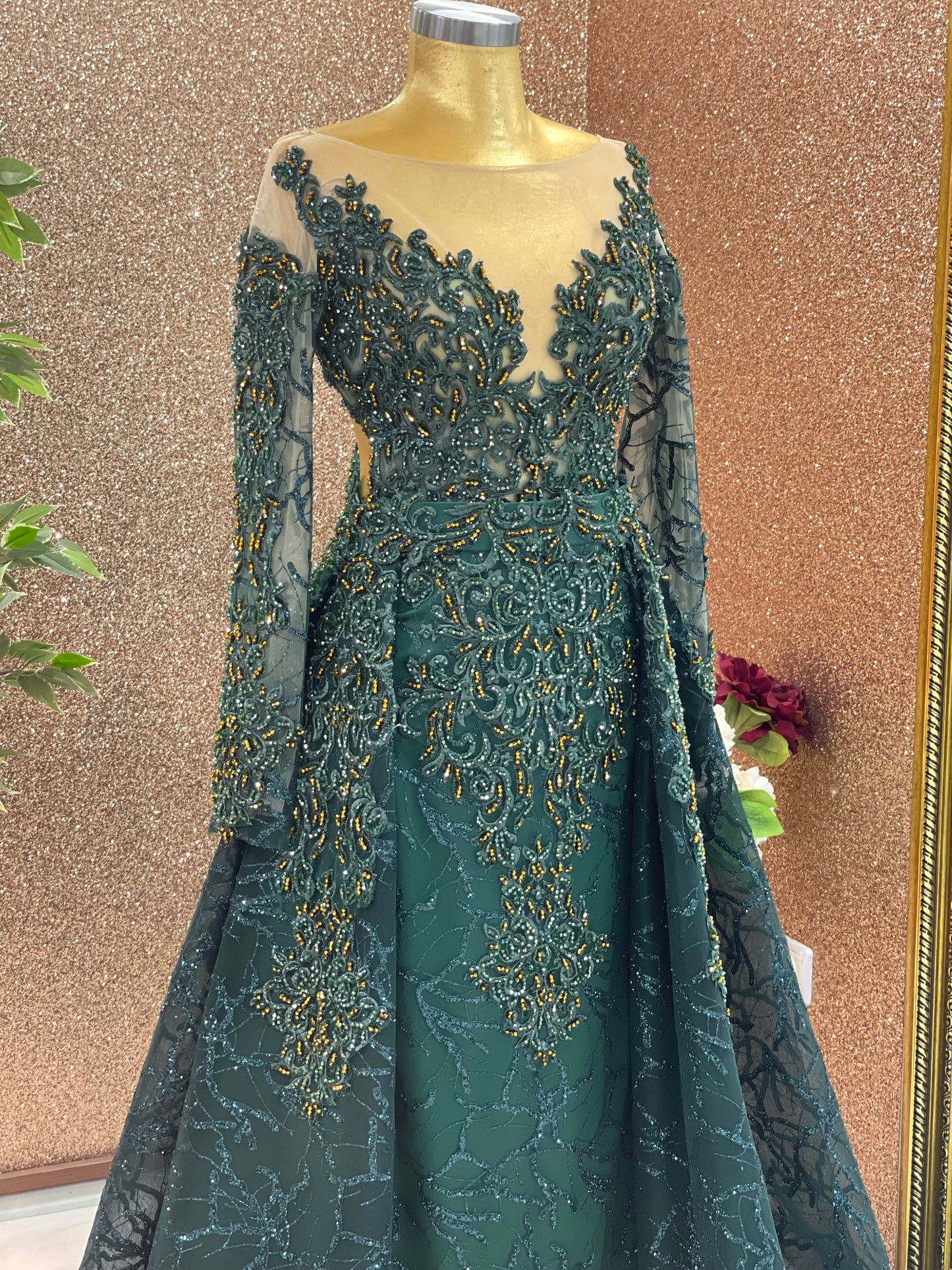 Emerald Green Evening dress with Detachable skirt
