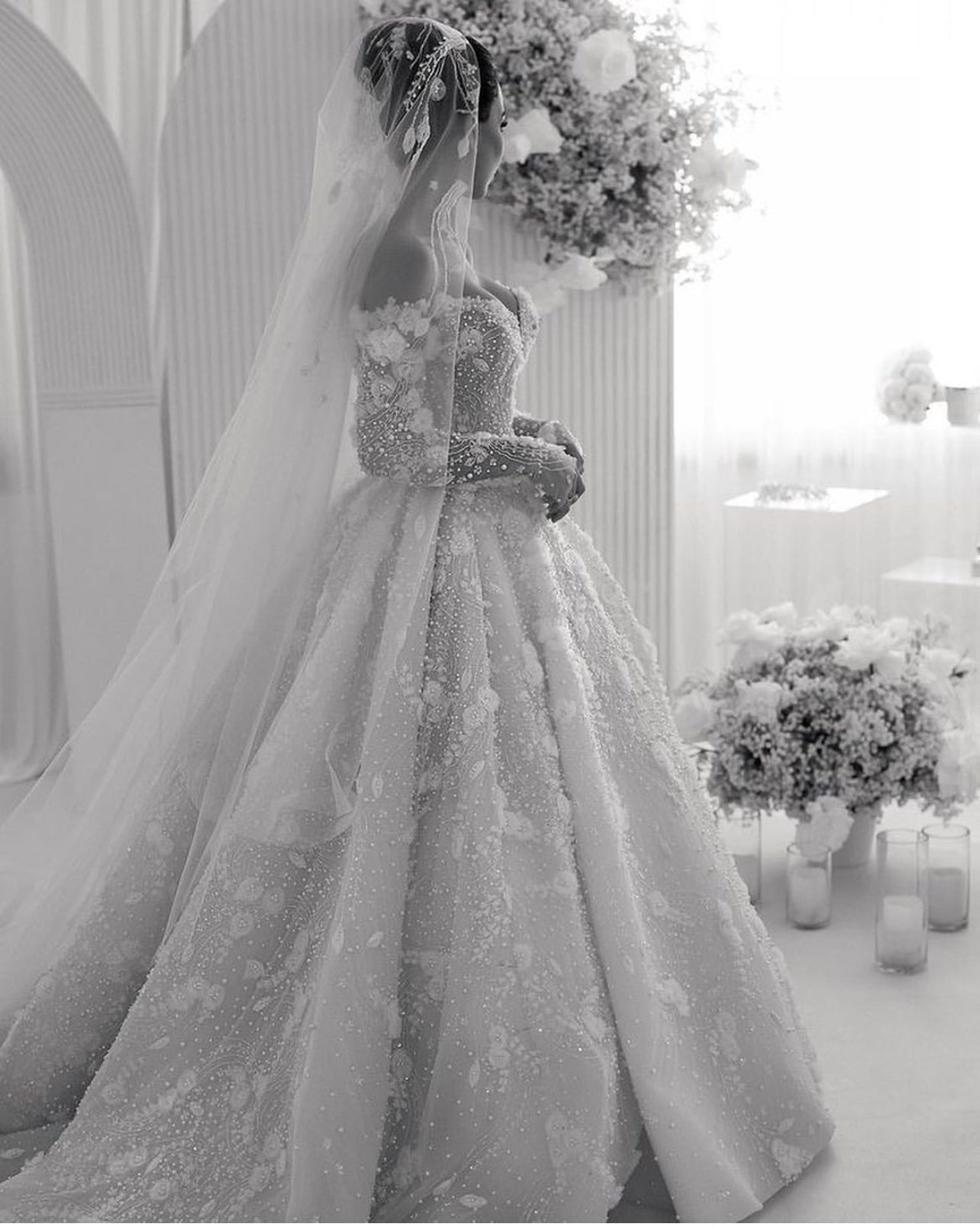 Inspired by Steven Khalil – 3D Floral Off-Shoulder Ball Gown-Custom Made