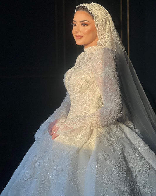 Custom Couture Wedding Dress – Puffy Skirt, High neck-Long Sleeves,Matching Veil %50 deposit