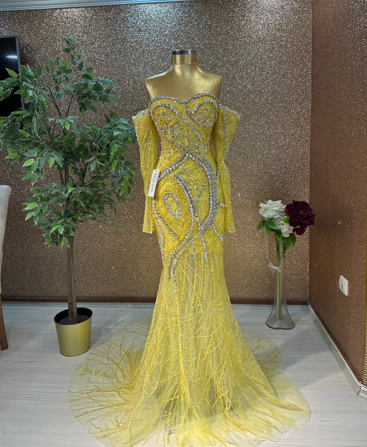 Yellow Swarovski Mermaid Gown with Detachable Sleeves – Handmade Luxury