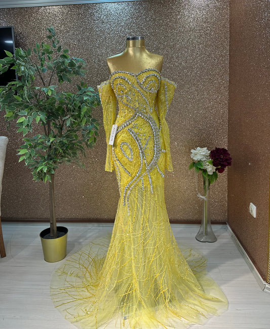 Yellow Swarovski Mermaid Gown with Detachable Sleeves – Handmade Luxury
