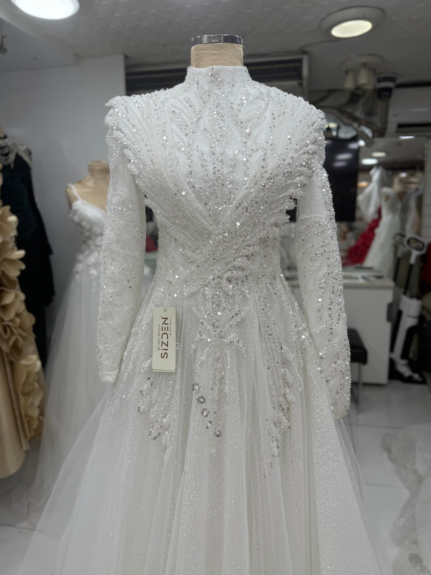 Modest Hijab Hellenistic Glitter Tulle Detailed A-Line Wedding Dress – Custom Covered Bridal Gown