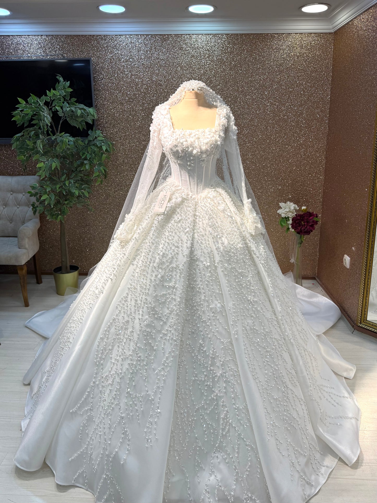 Custom Order Wedding Dress – A-line Styled,Long Sleeves,Matching Veil İnside Mermaid detachable over skirt %50 deposit