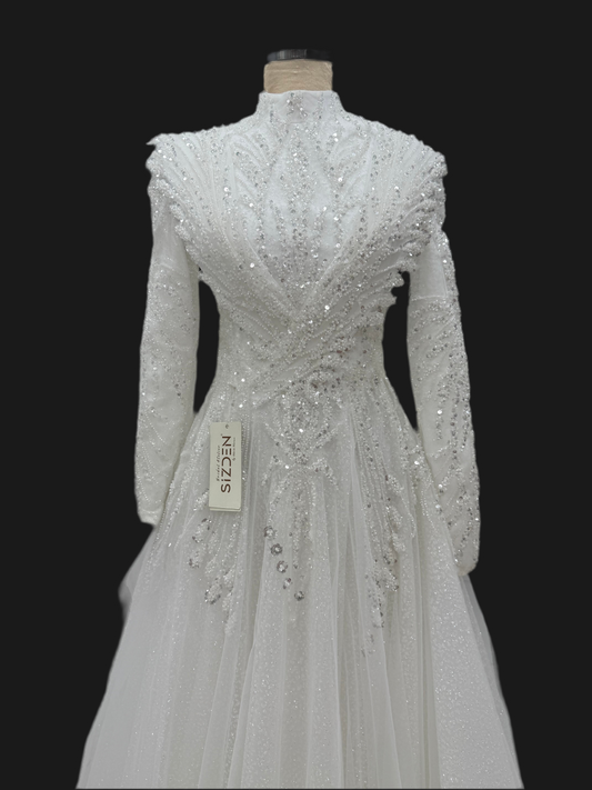 Modest Hijab Hellenistic Glitter Tulle Detailed A-Line Wedding Dress – Custom Covered Bridal Gown