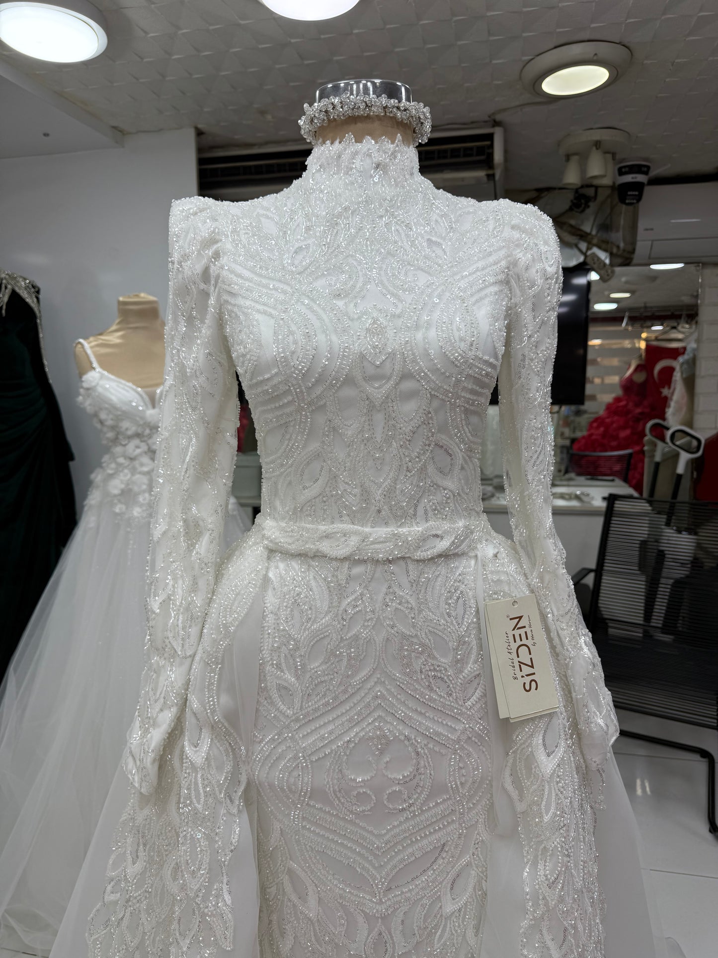Modest Beaded Lace Mermaid Wedding Dress — Detachable Train & Ruched Sleeves, Custom Design