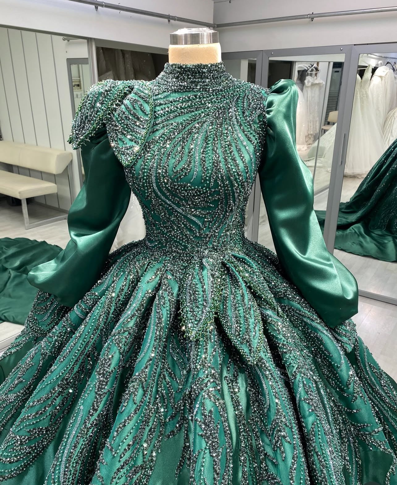 Emerald Green Beaded Engagement Dress