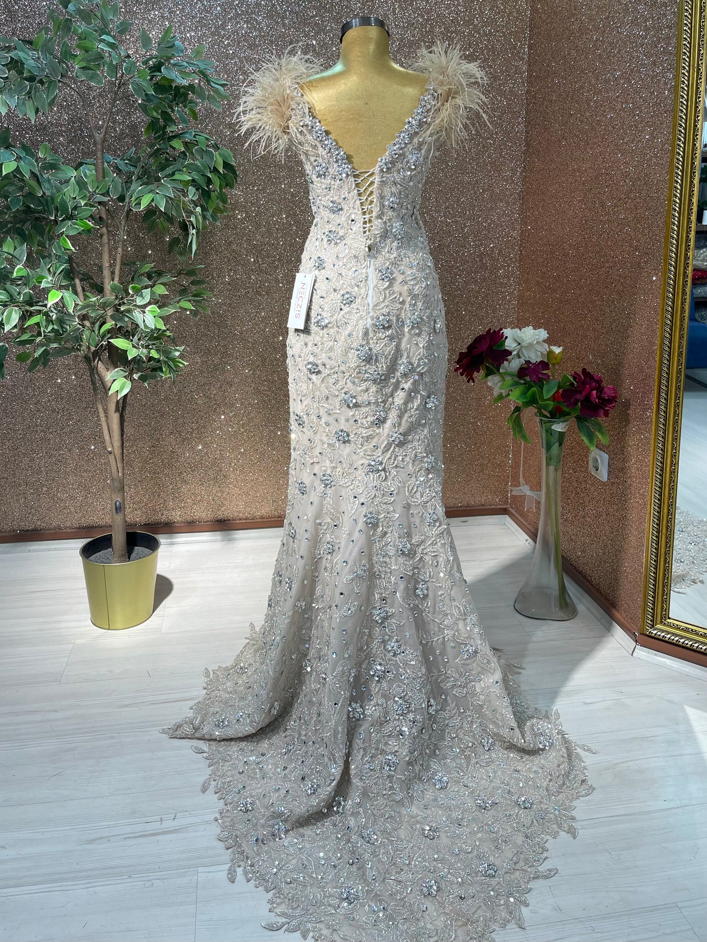 Nude Swarovski & Feather Mermaid Gown – Custom Handmade