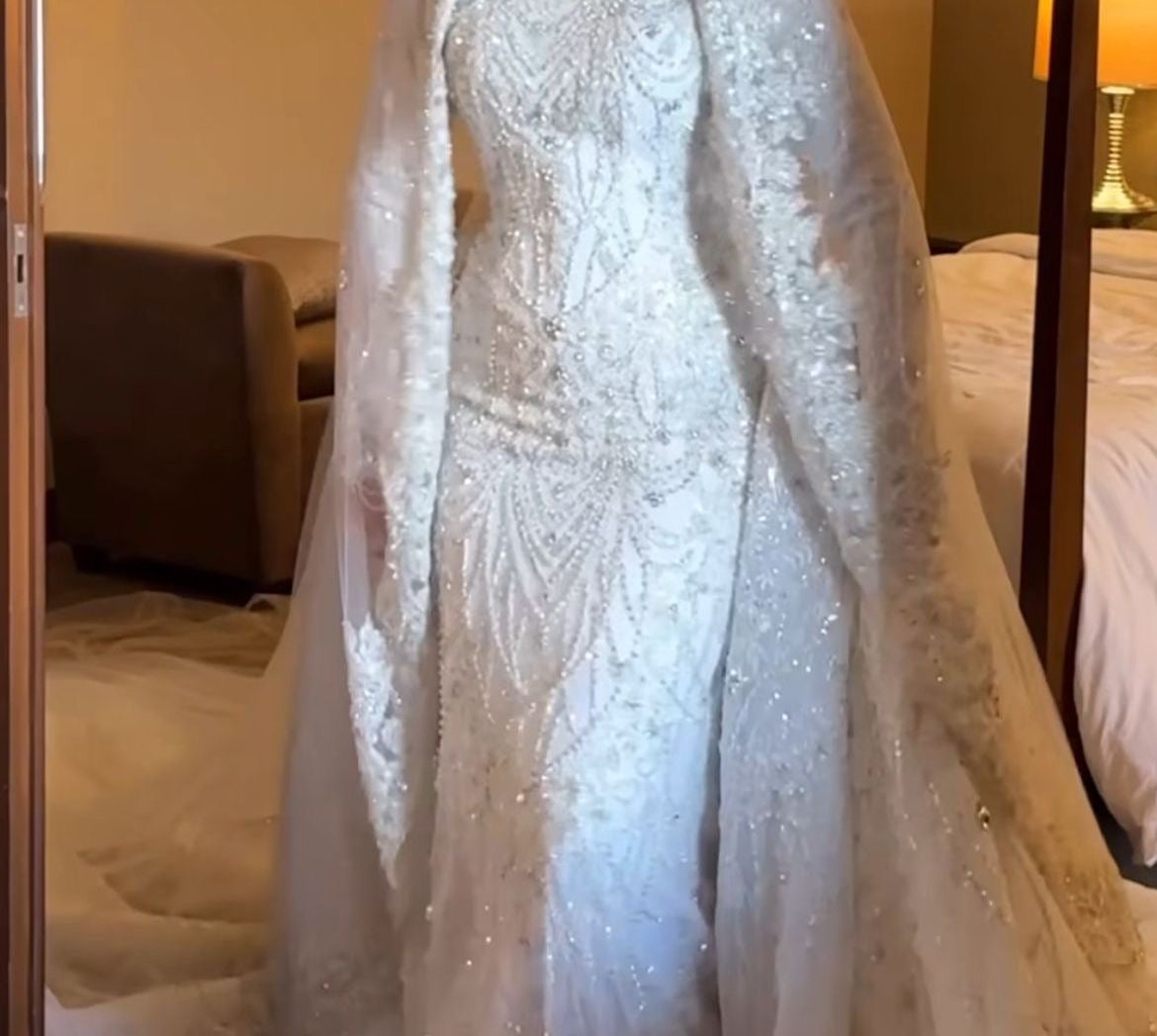Custom Couture Wedding Dress – Puffy Skirt, High neck-Long Sleeves,Matching Veil %50 deposit