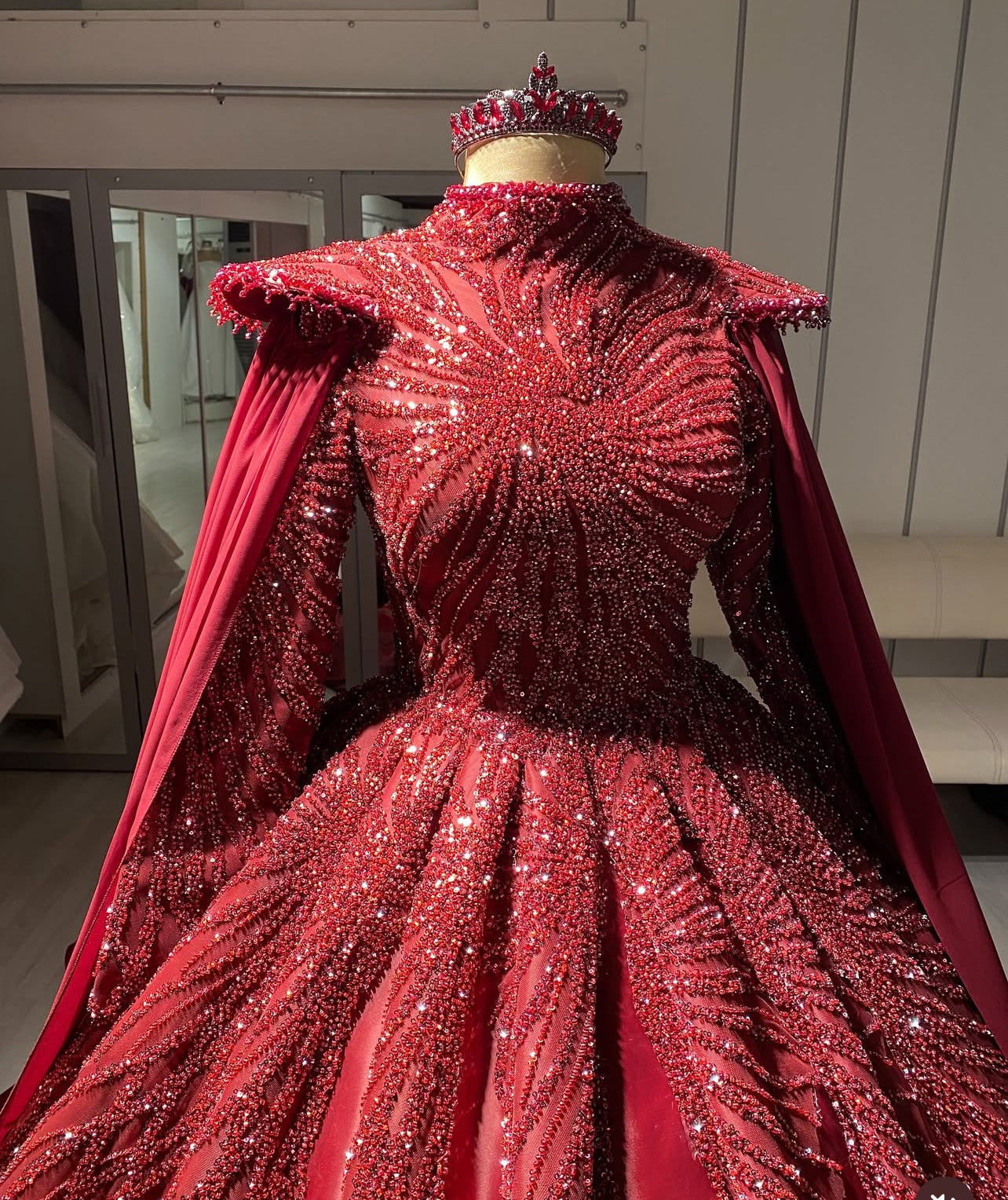 Burgundy Beaded Engagement Dress with cape