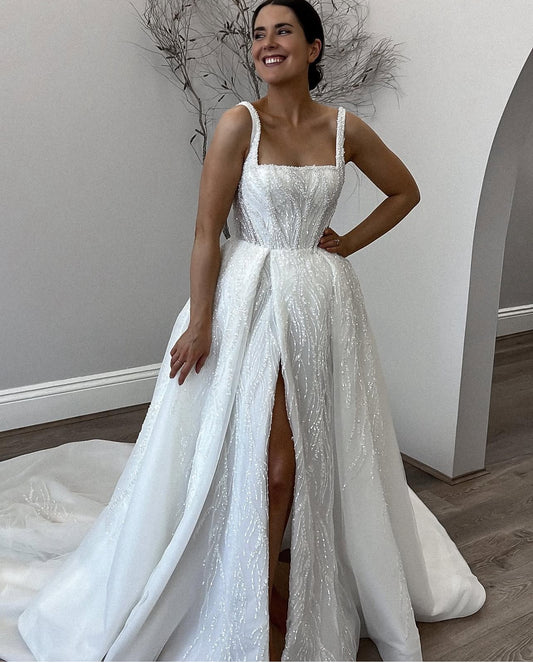 Custom Order Square Neck A-line Wedding Dress with Slit Detail