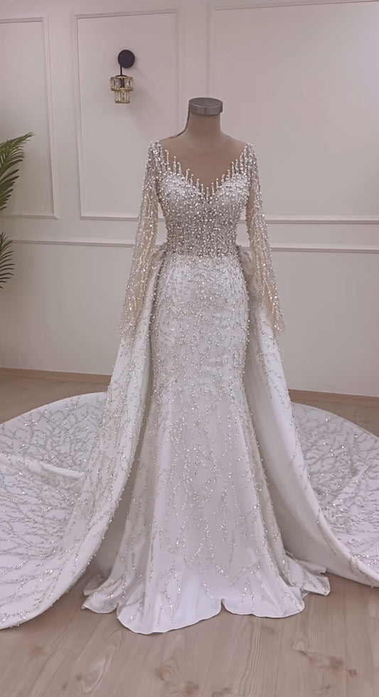 Custom Crystal & Pearl Lace Mermaid Gown – Long Sleeve, V Neck, Detailled Train