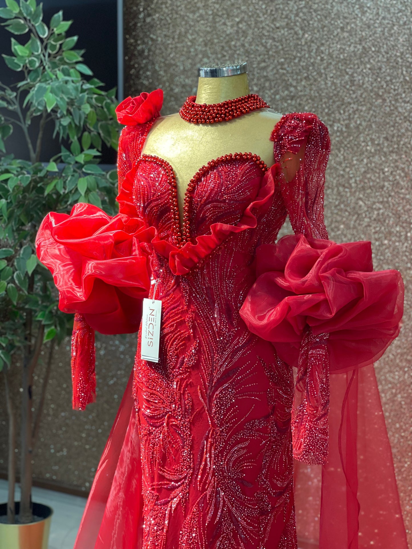 Red Mermaid Gown with sleeve Detail – Bold Elegance Redefined
