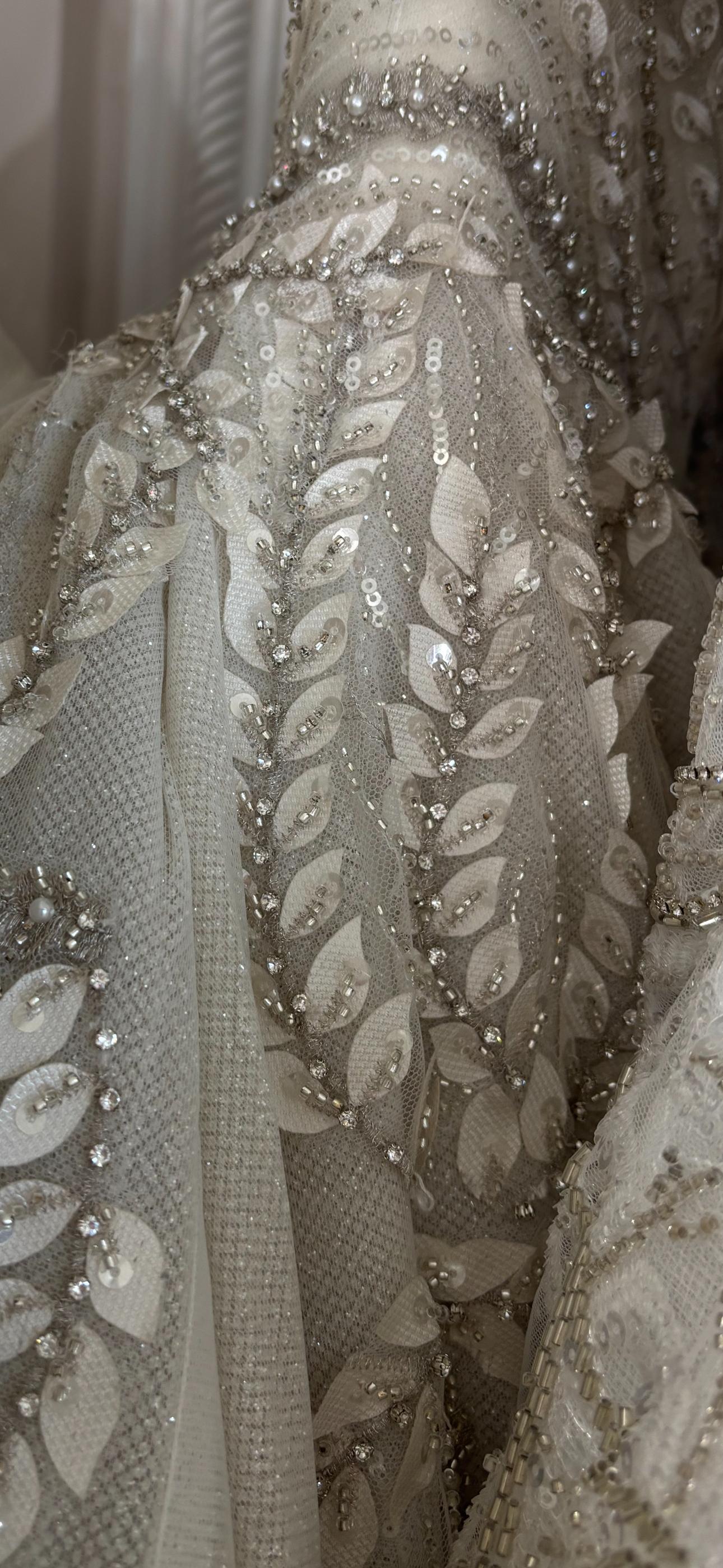 Custom Crystal & Pearl Lace Ball Gown – Long Sleeve, V Neck, Detailled Train (50% Deposit)