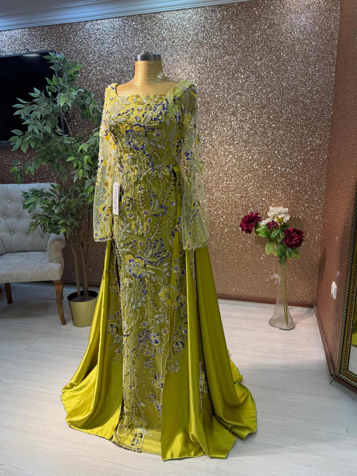 Apple Green Beaded Evening Gown with Removable Train