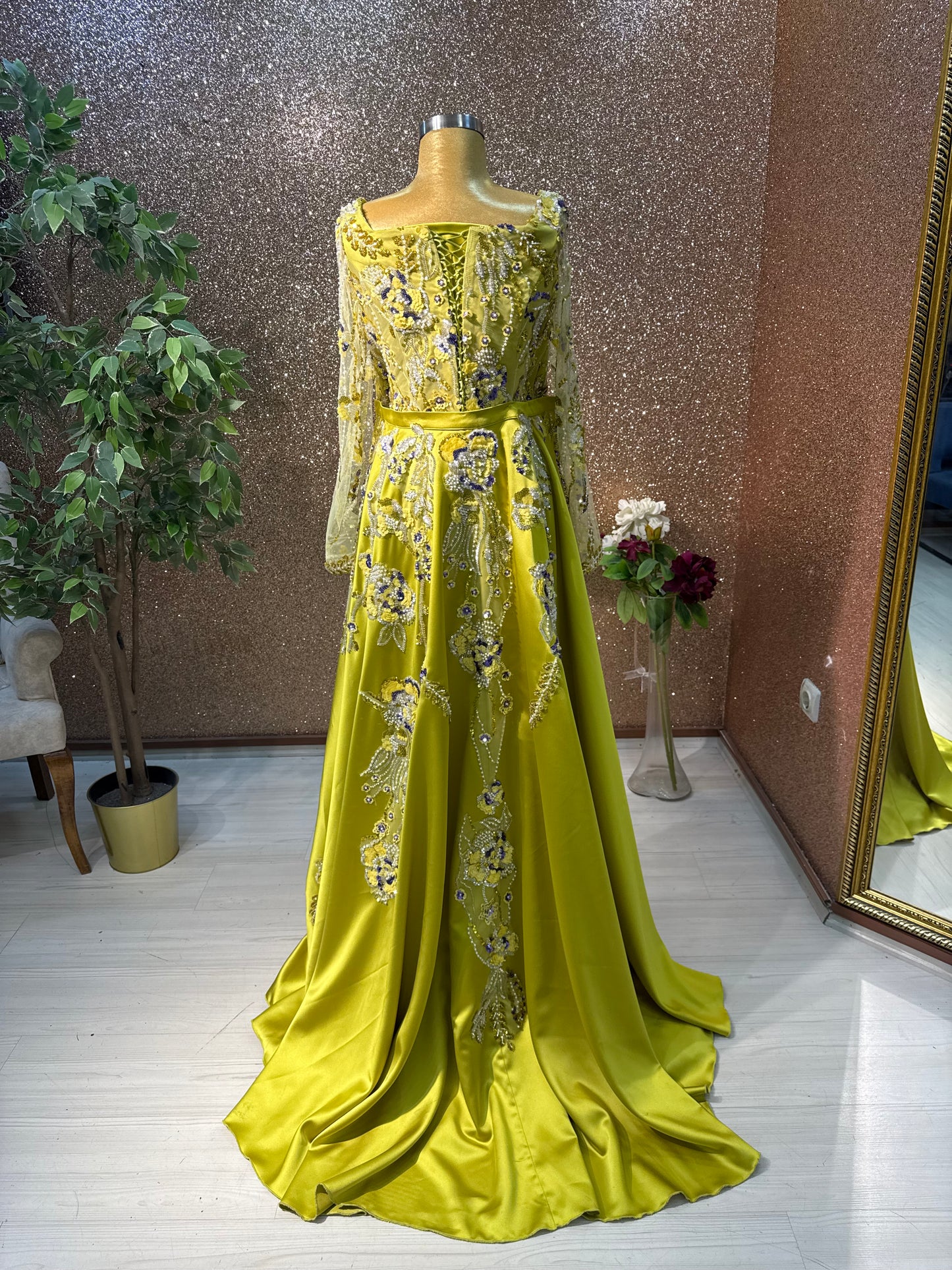 Apple Green Beaded Evening Gown with Removable Train
