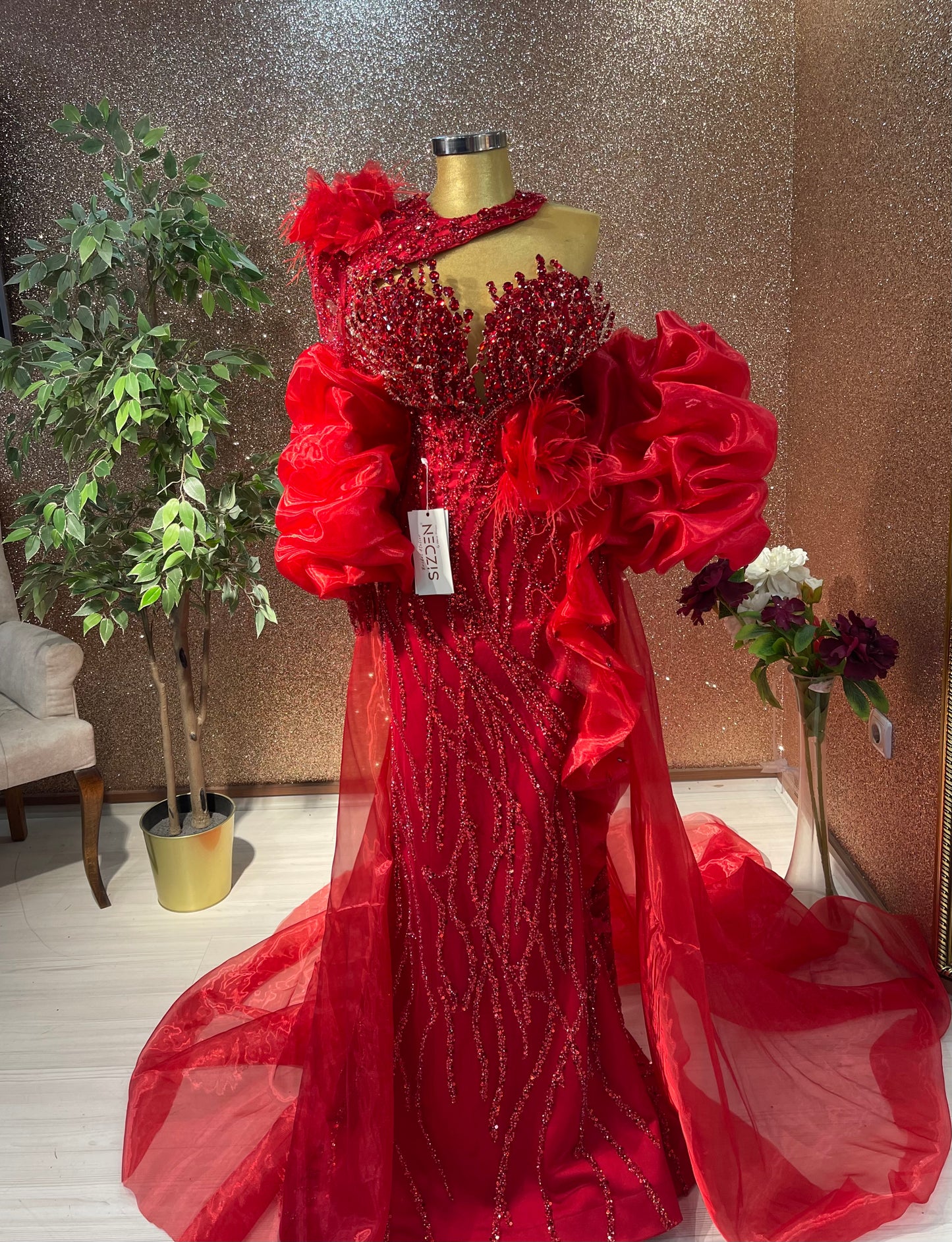 Red Mermaid Gown with Cape Detail and Front Slit – Bold Elegance Redefined