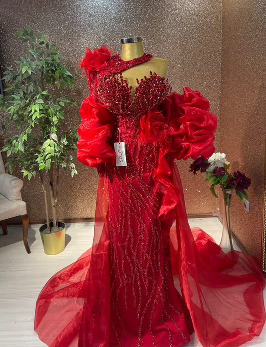 Red Mermaid Gown with Cape Detail and Front Slit – Bold Elegance Redefined