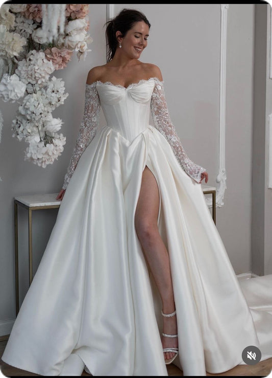 Long Sleeve Corset Style Satin Wedding Dress with slit