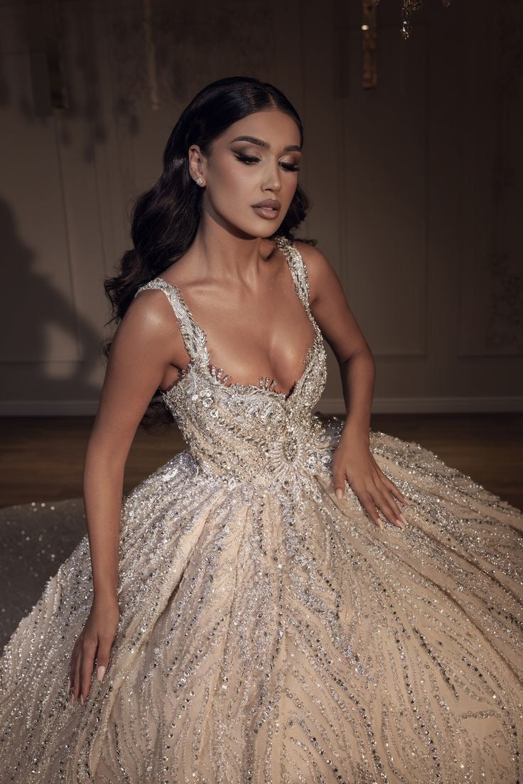Silver Embroidered Ball Gown Wedding Dress with Swarovski Details — Custom Made
