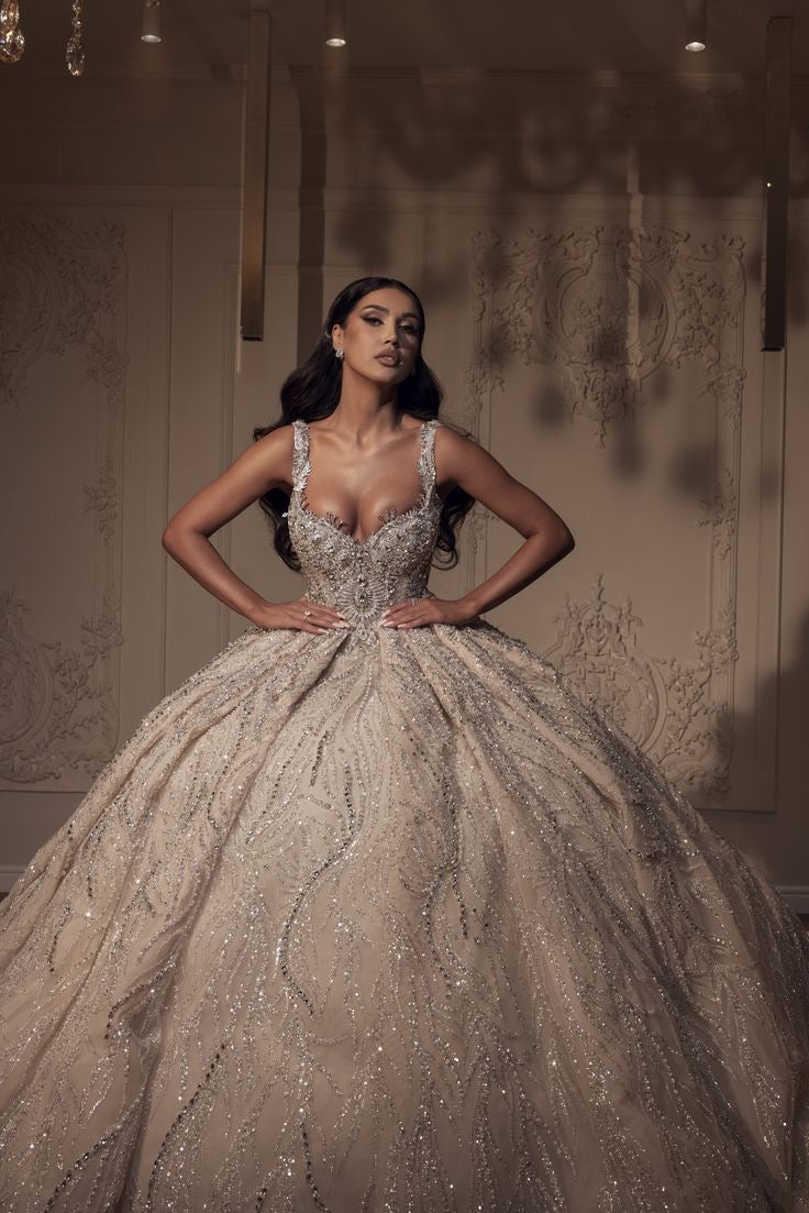 Silver Embroidered Ball Gown Wedding Dress with Swarovski Details — Custom Made