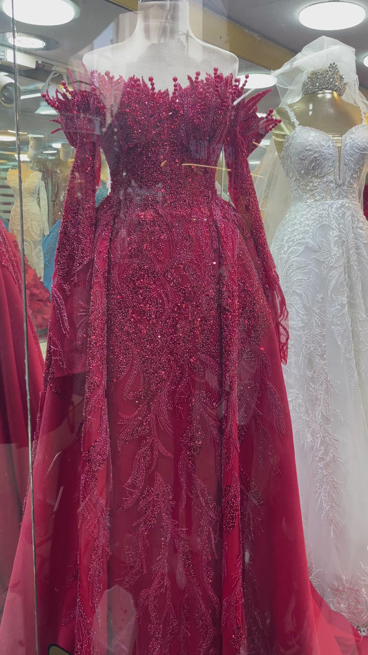 Red Mermaid Gown with Detachable skirt Engagement Dress